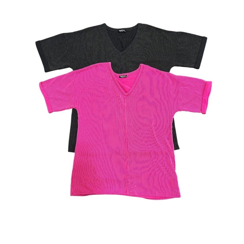 HEMISH USA Womens Striped V Neck Tunic Top Shirt Pink Black Set Size Plus